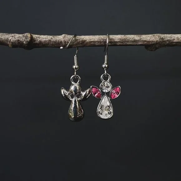 Dainty Silver Angel Crystal Rhinestone Pink Wings October Birthstone Earrings - Picture 2 of 7